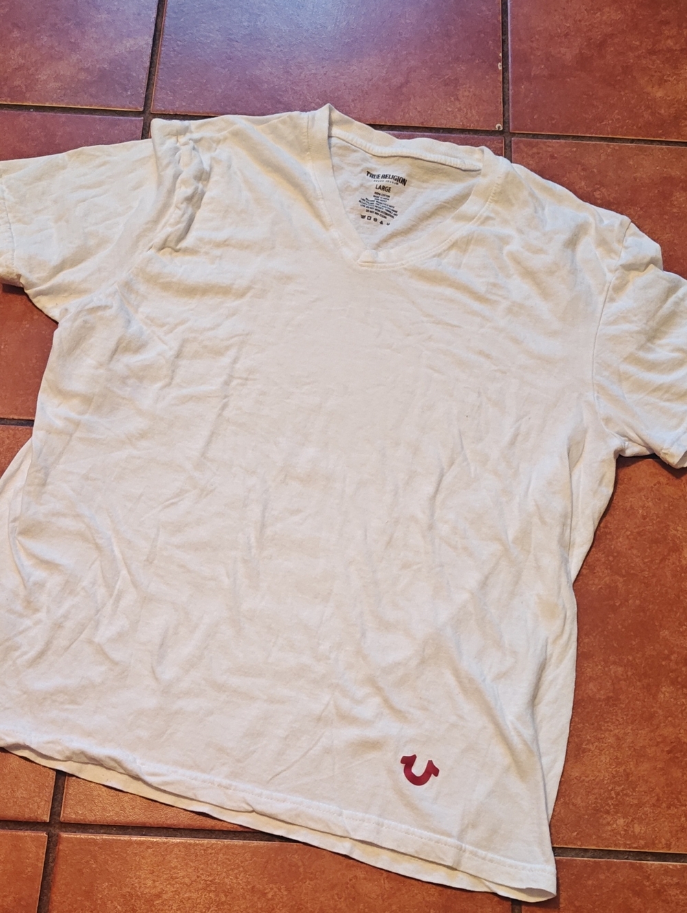 True Religion White V-Neck Tee with Red Horseshoe Accent